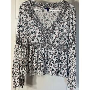Aeropostale Floral V Neck Long Bell Sleeve Cropped Peplum Top Blouse L